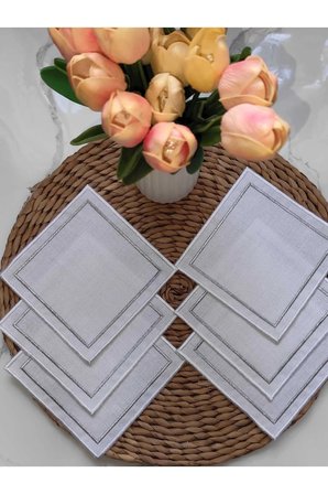 Kare Beyaz GÜMÜŞ Nakışlı Linen Keten Kokteyl Peçete 6’lı - Kahve Yanı Sunum Peçetesi 13x13cm