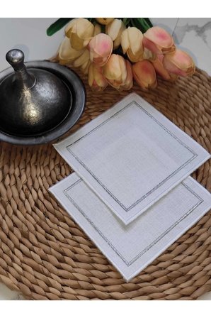 Kare Beyaz GÜMÜŞ Nakışlı Linen Keten Kokteyl Peçete 6’lı - Kahve Yanı Sunum Peçetesi 13x13cm