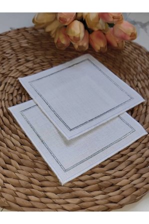 Kare Beyaz GÜMÜŞ Nakışlı Linen Keten Kokteyl Peçete 6’lı - Kahve Yanı Sunum Peçetesi 13x13cm