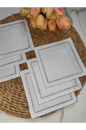 Kare Beyaz GÜMÜŞ Nakışlı Linen Keten Kokteyl Peçete 6’lı - Kahve Yanı Sunum Peçetesi 13x13cm