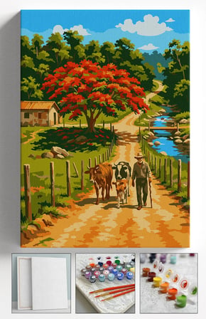 Sayılarla Boyama Seti Numaralı Tuval Fırça Boya Askı Aparatı Dahil Set 40x50 Cm - ÇİFÇİ İNEKLER