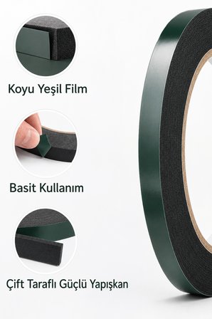 Çift Taraflı Köpük Bant Siyah 10 mm x 10 Metre – 1,5 mm Kalınlık EVA Sünger Bant, Güçlü Yapışkanlı Montaj ve Sızdırmazlık Bandı