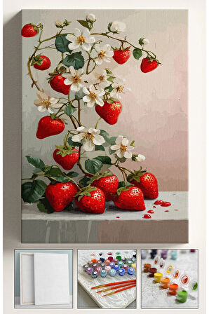 Sayılarla Boyama Çerçeveli Hobi Seti Numaralı Tuval Fırça Boya Dahil Kasnaklı ÇİLEK AĞACI 40X50 Cm