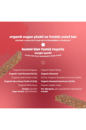 Humm Organic Organik Vegan Çilekli ve Fındıklı Yulaf Bar - 27 G X 6 adet