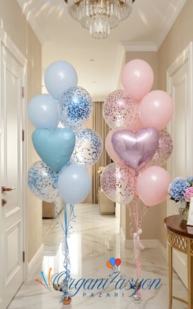 Baby Shower Cinsiyet Partisi | Pembe Mavi Konfeti Balon Seti Kalp Folyo | Helyum Uyumlu Parti Seti