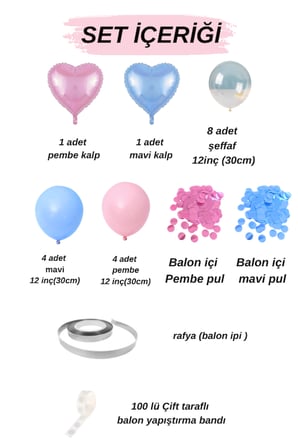 Baby Shower Cinsiyet Partisi | Pembe Mavi Konfeti Balon Seti Kalp Folyo | Helyum Uyumlu Parti Seti