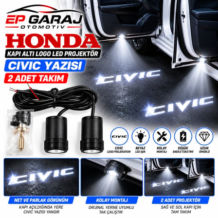 HONDA CIVIC KAPI ALTI LOGO LED PROJEKTÖR BEYAZ IŞIK CIVIC YAZISI – 2 ADET TAKIM