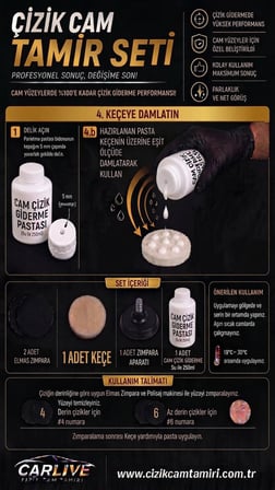 Çizik Cam Tamir Seti (2 Adet Elmas Zımpara 1 Adet Keçe 1 Adet Zımpara Aparatı 1 Adet Cam Çizik Giderme Pastası)