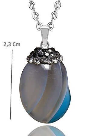 Sertifikalı Zirkon Işleme Mavi Akik Doğal Taş Kolye