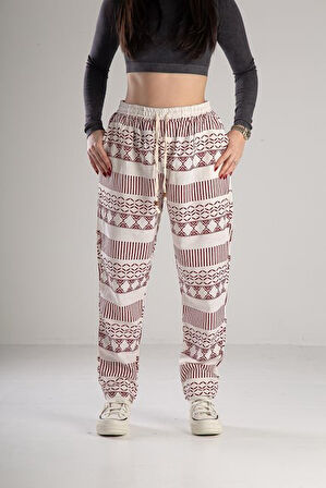 Bordo Desenli Keten Pantolon