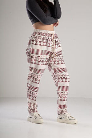 Bordo Desenli Keten Pantolon