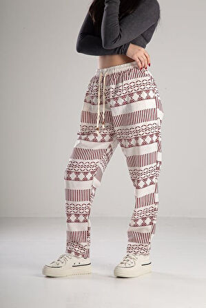 Bordo Desenli Keten Pantolon