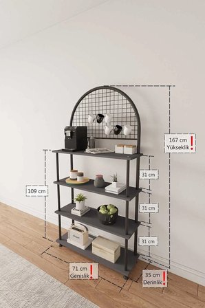 Çevir Kur Antrasit 4 Raflı Kahve Köşesi Dolabı | Mutfak Düzenleyici, Stand, 71x167x35 Cm
