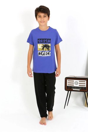 Erkek Çocuk Kısa Kol Penye Pijama Takım Saks MERY WOMAN