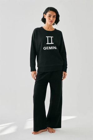 Kadın Siyah İkizler Burcu Oversize 2 İplik Eşofman Ev Giyim Takımı MERY WOMAN