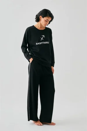 Kadın Siyah Yay Burcu Oversize 2 İplik Eşofman Ev Giyim Takımı MERY WOMAN