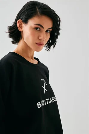 Kadın Siyah Yay Burcu Oversize 2 İplik Eşofman Ev Giyim Takımı MERY WOMAN