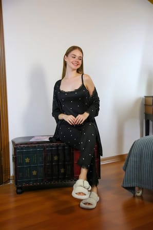 Kadın 3'lü Sabahlık Pijama Takım Siyah MERY WOMAN
