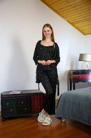 Kadın 3'lü Sabahlık Pijama Takım Siyah MERY WOMAN