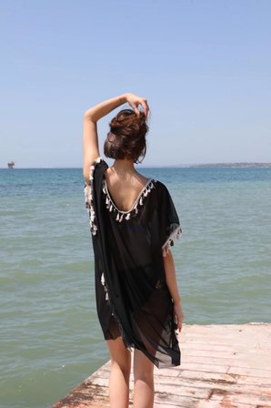 Kadın Püsküllü Tunik Pareo Plaj Elbisesi Siyah MERY WOMAN