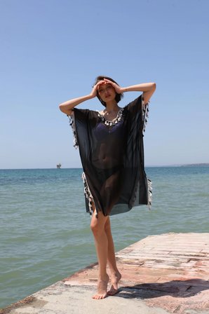 Kadın Püsküllü Tunik Pareo Plaj Elbisesi Siyah MERY WOMAN
