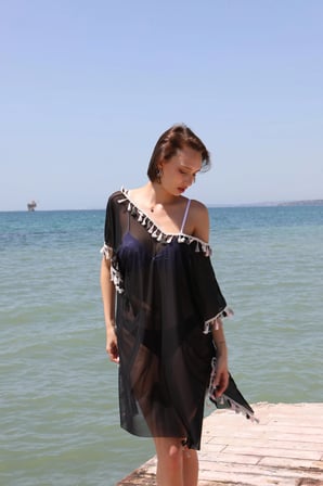 Kadın Püsküllü Tunik Pareo Plaj Elbisesi Siyah MERY WOMAN