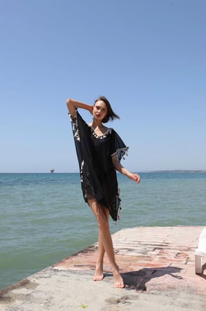 Kadın Püsküllü Tunik Pareo Plaj Elbisesi Siyah MERY WOMAN