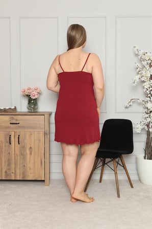 Kadın Pamuklu İp Askılı Büyük Beden Gecelik Bordo MERY WOMAN