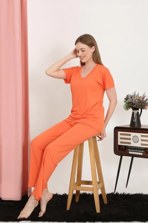 Kadın Kısa Kol Pamuk Penye Pijama Takım Turuncu MERY WOMAN