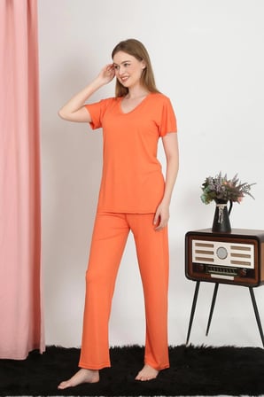 Kadın Kısa Kol Pamuk Penye Pijama Takım Turuncu MERY WOMAN