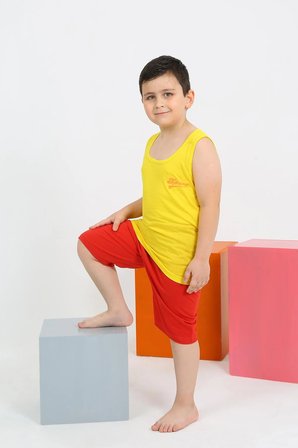 Erkek Çocuk Sıfır Kol Şortlu Sarı Penye Pijama Takımı MERY WOMAN