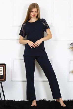 Kadın Kolu Dantelli Penye Pijama Takım Lacivert MERY WOMAN