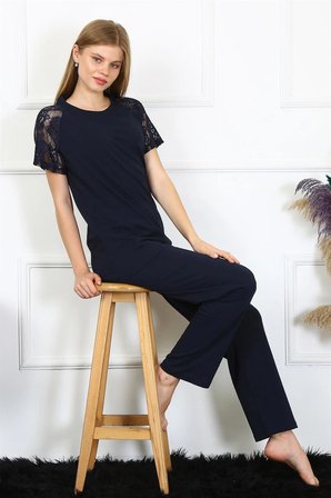 Kadın Kolu Dantelli Penye Pijama Takım Lacivert MERY WOMAN