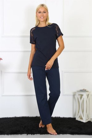 Kadın Kolu Dantelli Penye Pijama Takım Lacivert MERY WOMAN