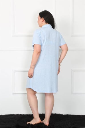 Büyük Beden Penye Düğmeli Mavi Tunik Gecelik MERY WOMAN