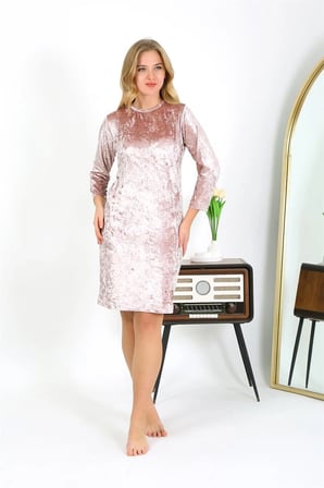 Kadife Ev Elbisesi Tunik Gecelik Pudra MERY WOMAN