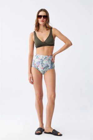 Kadın Haki Pedli Üst ve Yüksek Bel Çiçek Desenli Bikini Takımı MERY WOMAN