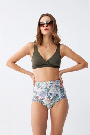 Kadın Haki Pedli Üst ve Yüksek Bel Çiçek Desenli Bikini Takımı MERY WOMAN