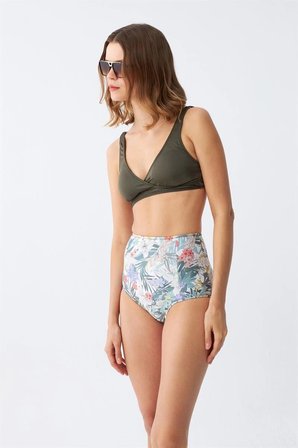 Kadın Haki Pedli Üst ve Yüksek Bel Çiçek Desenli Bikini Takımı MERY WOMAN