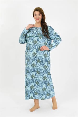 Kadın Büyük Beden Uzun Kol Mavi Anne Gecelik MERY WOMAN