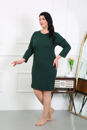 Kadın Büyük Beden Penye Gecelik Ev Elbisesi Zümrüt Yeşili MERY WOMAN