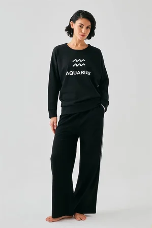 Kadın Siyah Kova Burcu Oversize 2 İplik Eşofman Ev Giyim Takımı MERY WOMAN