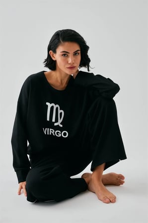 Kadın Siyah Başak Burcu Oversize 2 İplik Eşofman Ev Giyim Takımı MERY WOMAN