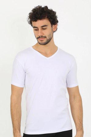 Erkek Likralı V Yaka Beyaz T-Shirt MERY WOMAN