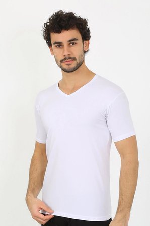 Erkek Likralı V Yaka Beyaz T-Shirt MERY WOMAN