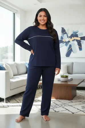 Kadın Büyük Beden Lacivert Uzun Kollu Pijama Takımı Şerit Detaylı Rahat Ev Giyim Seti MERY WOMAN