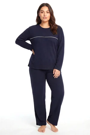 Kadın Büyük Beden Lacivert Uzun Kollu Pijama Takımı Şerit Detaylı Rahat Ev Giyim Seti MERY WOMAN