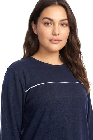 Kadın Büyük Beden Lacivert Uzun Kollu Pijama Takımı Şerit Detaylı Rahat Ev Giyim Seti MERY WOMAN