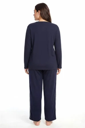 Kadın Büyük Beden Lacivert Uzun Kollu Pijama Takımı Şerit Detaylı Rahat Ev Giyim Seti MERY WOMAN