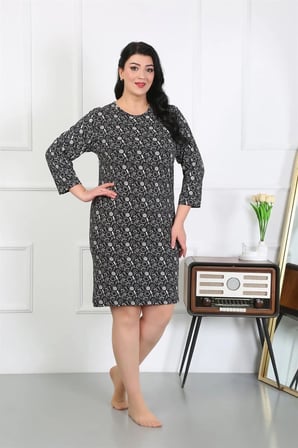 Kadın Büyük Beden Penye Gecelik Ev Elbisesi Siyah MERY WOMAN